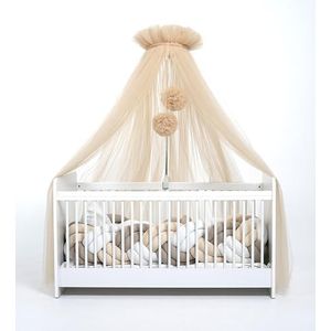 Babybedhemel van tule, bedhemel voor babybed, prinses babywieg, bijzetbed baby, muggennet, babykamer decoratie, baldakijn kinderkamer 165 cm lang, met pompons, taupe (nude)