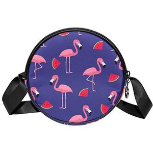 Ronde Crossbody Tas Messenger Bag Purse voor Vrouwen Flamingo Slice Watermeloen op Blauwe Achtergrond, Meerkleurig, 6.7x6.7x2.3 in, Sling Rugzakken