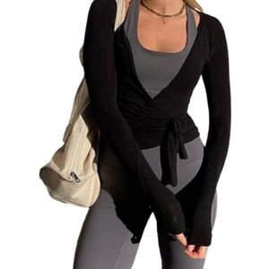 Dames ballet wrap top ballet cover up cross tie lange mouwen diepe V-hals blouse shirt fit yoga workout wrap top pilates, Zwart, M