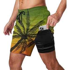 Hawaiian Palm Trees Zwembroek voor heren, sneldrogend, 2-in-1 strandsportshorts met compressieliner en zak