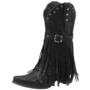 Cowboylaarzen For Dames Met Franjes Retro Western Enkellaarsjes PU Leren Bikerbooties Met Gesp Herfst-winter Enkellaarsjes Met Klinknagels Plus Size Instapschoenen Met Lage Hak(Black,43 EU)