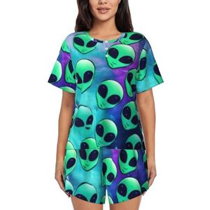 ELSMZXZD Damespyjamaset, groene aliens - zachte comfortabele pyjamaset met korte mouwen en ronde hals, ademende zomernachtkleding, loungewear set met zakken, S-4xl, 3 D, S