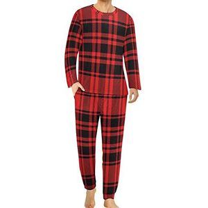 Buffalo Rood Zwart Geruite Comfortabele Heren Pyjama Set Ronde Hals Lange Mouw Loungewear met Zakken L