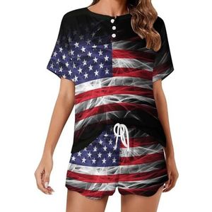 USA Vlag Zachte Womens Pyjama Korte Mouw Pyjama Loungewear met Zakken Gift voor Thuis Strand 5XL