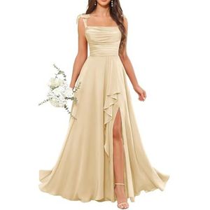 Dames chiffon bruidsmeisjes jurken met split lange galajurken ruches cocktailjurk plus size, Champagne, 32