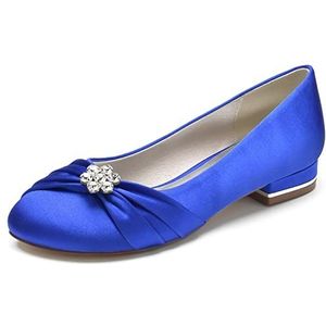 Vrouwen Ivoor Bruids Flats Slip on Satijnen Ballet Pumps Gesloten Teen Bruiloft Prom Schoenen,Blauw,36 EU