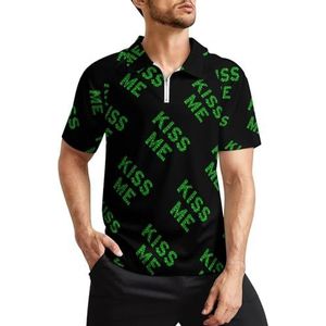 Kiss Me Shamrock Clover heren golfpoloshirts klassieke pasvorm T-shirt met korte mouwen bedrukt casual sportkleding top L