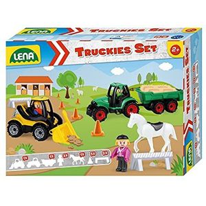 Lena 01632 Truckies 13-delig, inhoud: tractor met aanhanger 36 cm, wiellader ca. 21 cm, 3 speelfiguren, 1 paard, 2 barken en 5 pylons, bedrijfsvoertuigen en figuren voor kinderen vanaf 2 jaar,