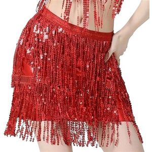 AYWTIUN Kwastje Rok Vrouwen Buik Rok Pailletten Fringe Mini Rok Glanzende Dans Prestaties Rave Party Elastische Taille 3 Lagen Bodycon Rok, Rood, M