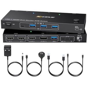 YOUTINGHDAV KVM Switch 2 PC 2 monitoren USB C, KVM Switch Dual Monitor voor Laptop & PC, USB 3.0 MST Dual 4K @60Hz, PD 60W voor laptop, HDMI DP KVM-switches USB C, met bedrade afstandsbediening
