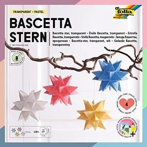 folia 898/0707 Bascetta Set, transparant papier, 7,5 x 7,5 cm, 115 g/m², 4 x 32 vellen, diameter van de knutselster ca. 10 cm, in 4 verschillende pastelkleuren, inclusief knutselhandleiding, kleurrijk