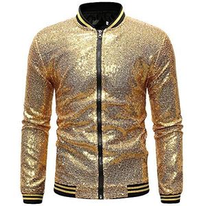Mens jas rits effen kleur pailletten lange mouw staande kraag jas, Goud, S