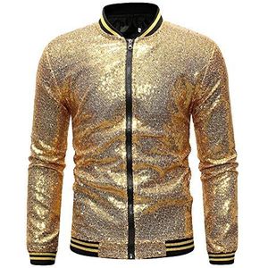 Herenjas met rits effen kleur pailletten lange mouw staande kraag jas, Goud, XL
