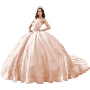 Fuomomo Quinceanera Prinsessenjurk met ruches en staart Quinceanera jurk van tule met parels schattige jurk 16 MT052, Blush Roze, 42