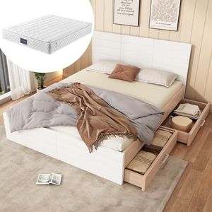 BXEYXE Tweepersoonsbed, houten bed, bedsysteem 140 x 200 cm, met 2 laden, modern bed incl. bedframe en lattenbodem, 207 x 80 x 145 cm (l x h x b), set in eiken/wit (met matras)