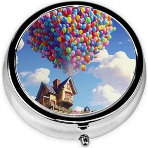 Kleurrijke ballon en huis bedrukte ronde pillendoos, klikdeksels, pillendoos voor reizen, mini draagbare pillenorganizer voor lange termijn om mee te nemen in zakken, portefeuilles, reizen, werk
