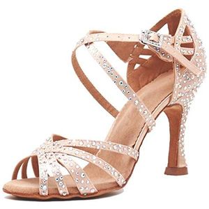 MGM-Joymod Damesdansschoenen met open teen, gekruiste bandjes en steentjes, geschikt voor tango, ballroom, latin- en moderne dans, schoenen voor bruiloft en feest, Huid 9cm hak, 36 EU