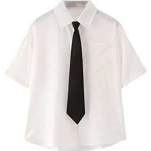 Vrouwen Zomer Blouses Shirt Korte Mouw Effen Witte Tops Met Tie Boog Japanse Stijl Vrouwelijke Shirts Revers Blousas, Zwarte kleur stropdas, S