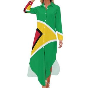 Guyana Vlag dames maxi-jurk lange mouwen knopen overhemd jurk casual party lange jurken 3XL