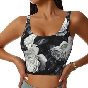 SABFWF Zwart Wit Rose Print Yoga Bras, Hoge Impact Ondersteuning, Longline Design, voor Fitness, Hardlopen en Meer, Zwart, S