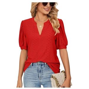 2024 zomer casual v-hals effen kleur holle losse T-shirt tops met pofmouwen for dames (Kleur : Big Red, Size : XX-Large)
