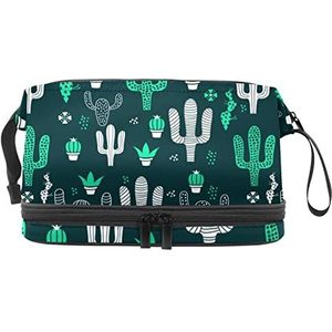 Dubbele Laag Cosmetische Tas Groene Cactus Draagbare Make-up Tas Reizen Organizer Pouch voor Vrouwen Meisjes Toiletartikelen Tassen, Meerkleurig, 27x15x14 cm/10.6x5.9x5.5 in, Make-up zakje