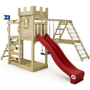 WICKEY Speeltoren ridderkasteel GateFlyer met schommel en rode glijbaan, outdoor kinderklimtoren met zandbak, ladder en speelaccessoires voor de tuin