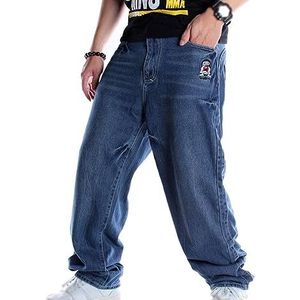 HHuiXinXue Herenmode Grote Maten Jeans Brede Pijpen Broek Hip Hop Trend Streetwear Skater Broek Relaxed-Fit met Borduurwerk, Blauw, 5XL