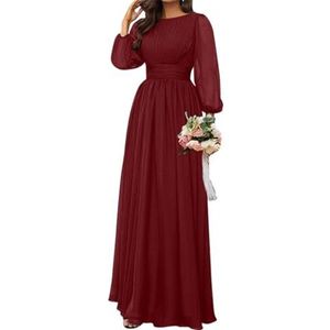 SAYNO Chiffon bruidsmeisjesjurk voor dames, bruiloft, cocktailjurk, ruches, avondjurk, baljurk, grote maten, Bordeaux, 36