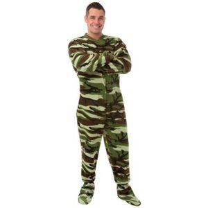 BIG FEET PAJAMA CO. Groene camouflage volwassen fleece voetpyjama onesie met heupflap, Groen, L