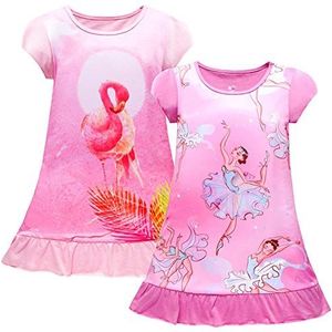 ZEBZOO Meisjes nachthemden Flamingo Ballerina Jurk Peuter Kinderen Korte Mouw Pyjama Nachtjapon (2-Pack, 3-4 Jaar, S)