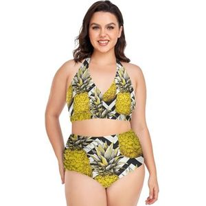 Abstracte Tropische Ananas Vruchten Vrouwen Bikini Sets Plus Size Badpak Twee Stukken Hoge Taille Strandkleding Meisjes Badpakken, Pop Fashon, XXL