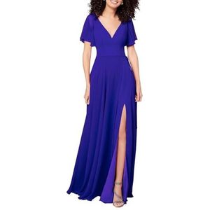 HPPEE Jurken voor dames, V-hals, bruidsmeisjesjurk met split, fladdermouwen, chiffon, formele avondjurk, zomerbruidsmeisje, koningsblauw, 34