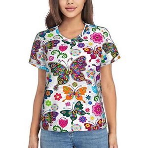 RBAZYFXUJ T-shirt met korte mouwen, lente bloemen vlinder T-shirt, V-hals, casual zomertops voor dames, Zoals getoond, XL