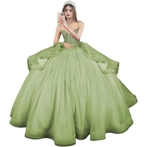 Fuomomo Quinceanera MT054 Jurken met spaghettibandjes, partyjurk met staart, Quinceanera kanten jurk met strik, Quinceanera tule met parels, Salie, 36