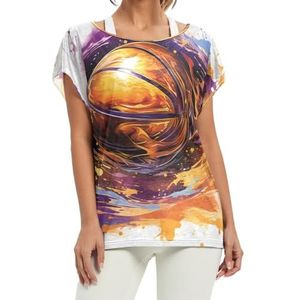 Abstracte aquarel basketbal vrouwen korte vleermuismouwen shirt ronde hals T-shirts losse tops voor meisjes, Patroon, XL