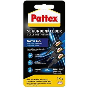 Pattex secondelijm Ultra Gel Mini Trio, extra sterke & flexibele superlijm in 3 tubes, secondelijm gel voor o.a. rubber, leer, hout, 3x 1 g tube