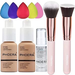 Phoera Foundation Concealer Cover Vloeibaar Mat Full Coverage Concealer Cover Shadows Skin Care Foundation Oil Control Fleur de duurzame (104 Buff Beige + 105 Sand)