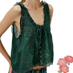 CupitiDU Vrouwen Mouwloze Ruches Kant Trim Chiffon Crop Top Scoop,Zomer Button Down Front Tie Mesh Ruches Flowy Crop Top, Donkergroen, L