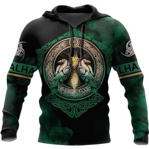 3D-geprint Viking Kraai Sweatshirt met Capuchon, Nordic Valhalla Keltische Knoop Mode Losse Casual Trui met Ronde Hals, Herfst Buiten Straat Cosplay Kostuums(Color:Pullover Hoodie,Size:M)