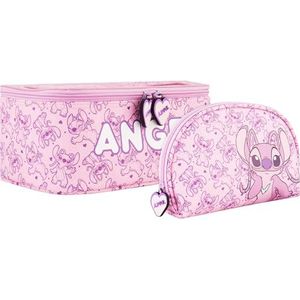 Disney Stitch 2-delige reis-cosmeticakenset met ritsen en spiegel, overal, roze, roze, Disney-steek, schattig overal, 2-delige reis-cosmeticakenset met ritsen en spiegel, roze, Disney Stitch, Cute All