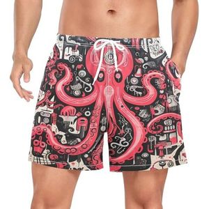 Kleurrijke Roze Octopus Fish Heren Zwembroek Board Shorts Sneldrogende Trunk met Zakken, Leuke mode, S