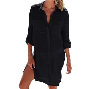 Figarge Strandjurk dames bikini cover-up zomer pareos zomerjurk dames strand bedekking shirt button-down strandponcho lange blouse zomer badpak V-hals jurk badmode, zwart, Eén maat