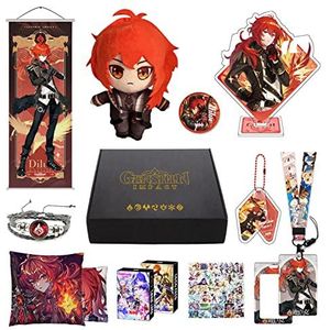 MOTAO Genshin Impact Box Kaveh Merch Set - Pluche pop, Poster, Kussensloop, Stand Figuur, Armband, Badge, Sleutelhanger, Kaarthouder, 30 Lomo Kaarten, 50 Stickers (Diluc)