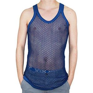 Heren 100% Katoen Getailleerde Muscle Fishnet String Vest Tank Top, Blauw, L