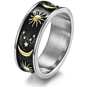 Ster maan zon roestvrijstalen ring ring fortitanium staal mannen en vrouwen voorstel handsieraden (Color : Golden, Size : 12#)