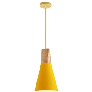 LANGDU Moderne gangkroonluchters Macaron-kleur hanglamp met houten handvat Metalen plafondlampenkap Hangend verstelbaar plafond Ijzeren kunstlichtarmatuur(Color:Yellow,Size:A)