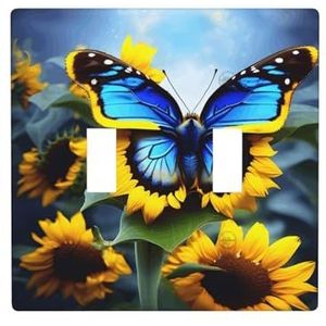 ZhaoYuGoods Zonnebloem blauwe vlinder print wandplaat, dubbele tuimellichtschakelaar outlet cover 2-gang 11,4 cm x 11,4 cm, PC decoratieve voorplaat voor thuis en kantoor