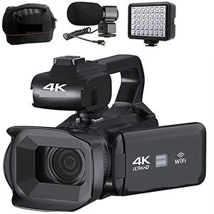 Videocamera, 18X Volledige 4K 60FPS Professionele Camcorder for Live Stream Webcam 64MP Digitale Video Camera 4 Scherm Roteren Vlog Recorder(32G SD Card,With Light MIC)