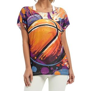 Aquarel Artwork Cool Paars Basketbal Vrouwen Korte Batwing Mouw Shirt Ronde Hals T-shirts Losse Tops voor Meisjes, Patroon, S